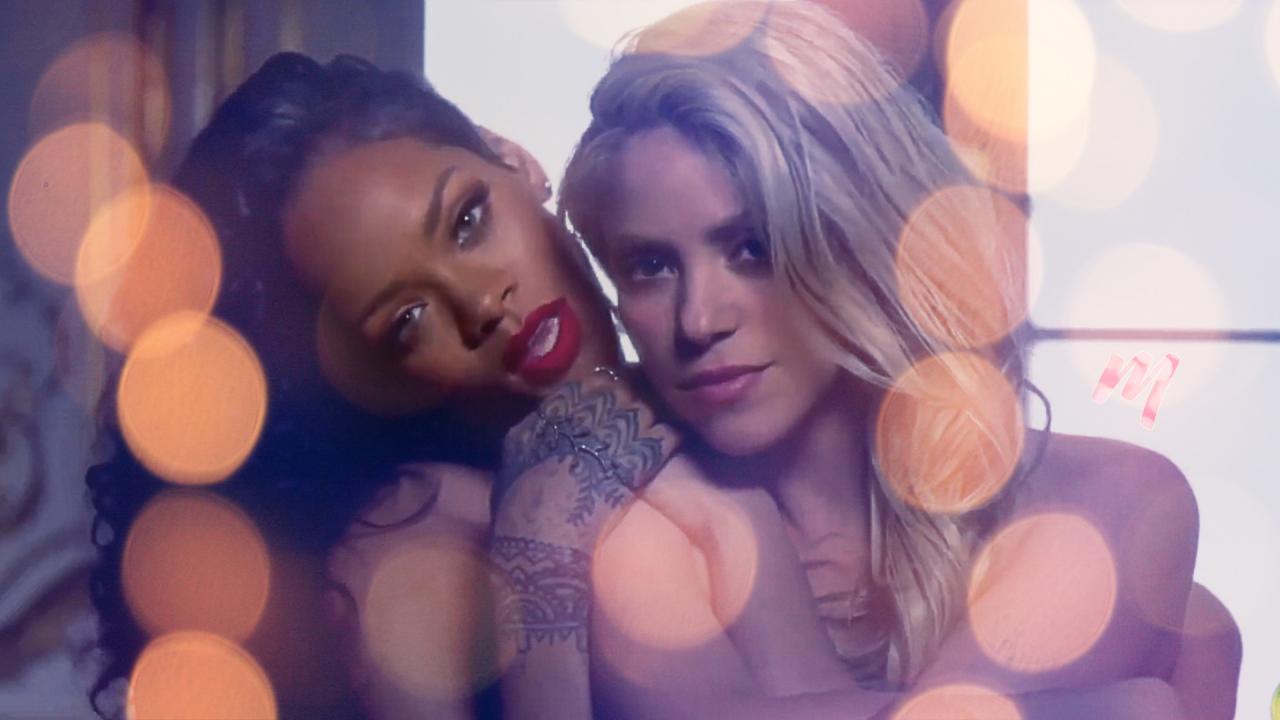 Popsängerin Rhianna und Pop-Latina Shakira räkeln sich nackt begleitet von Lence Flairs, während sie ihren Song Can’t  Remember To Forget You singen.